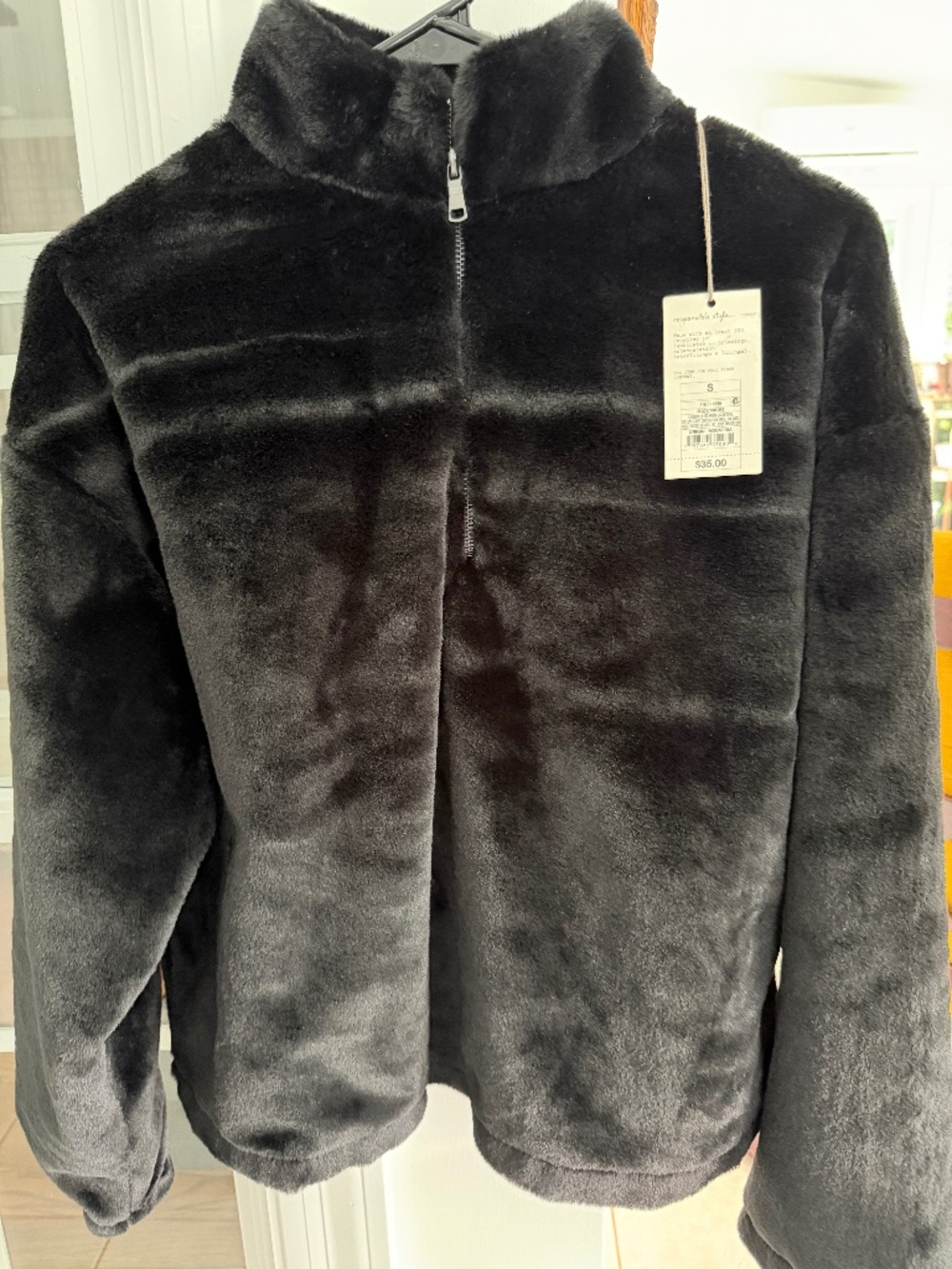 Black Faux Fur Half-Zip Pullover Jacket